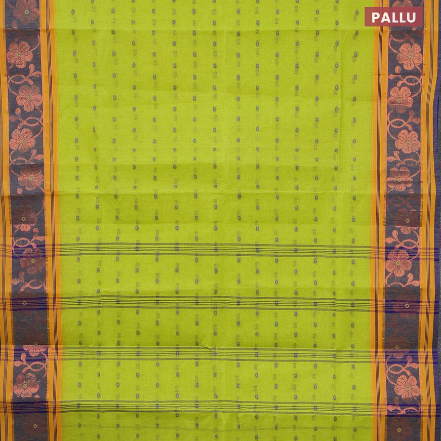 Bengal cotton saree fluorescent gree and blue with thread woven buttas and copper zari woven border without blouse