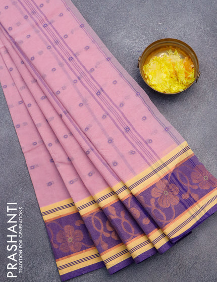 Bengal cotton saree light pink and blue with thread woven buttas and copper zari woven border without blouse