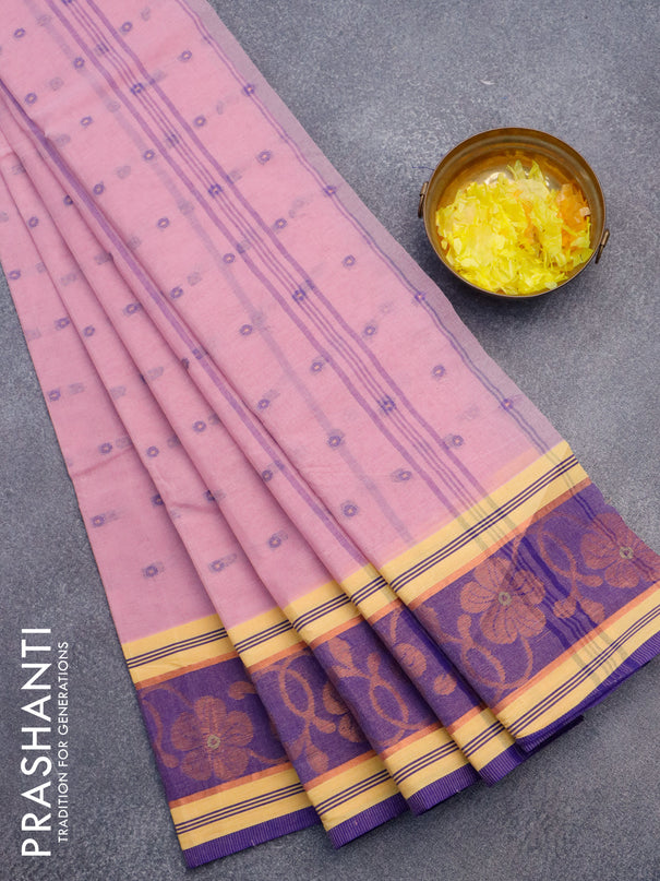 Bengal cotton saree light pink and blue with thread woven buttas and copper zari woven border without blouse