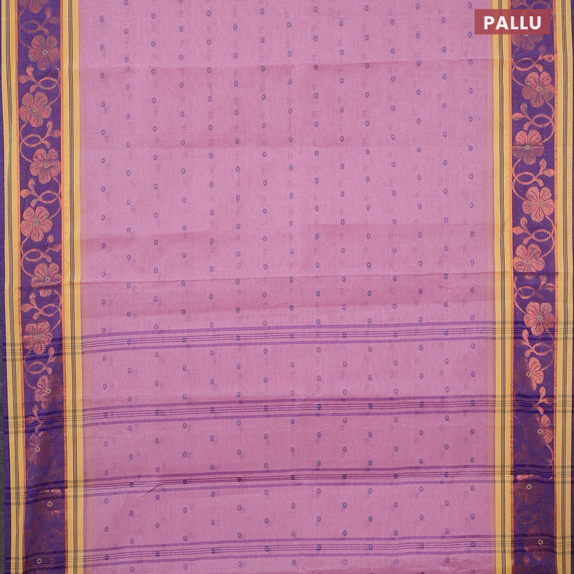 Bengal cotton saree light pink and blue with thread woven buttas and copper zari woven border without blouse