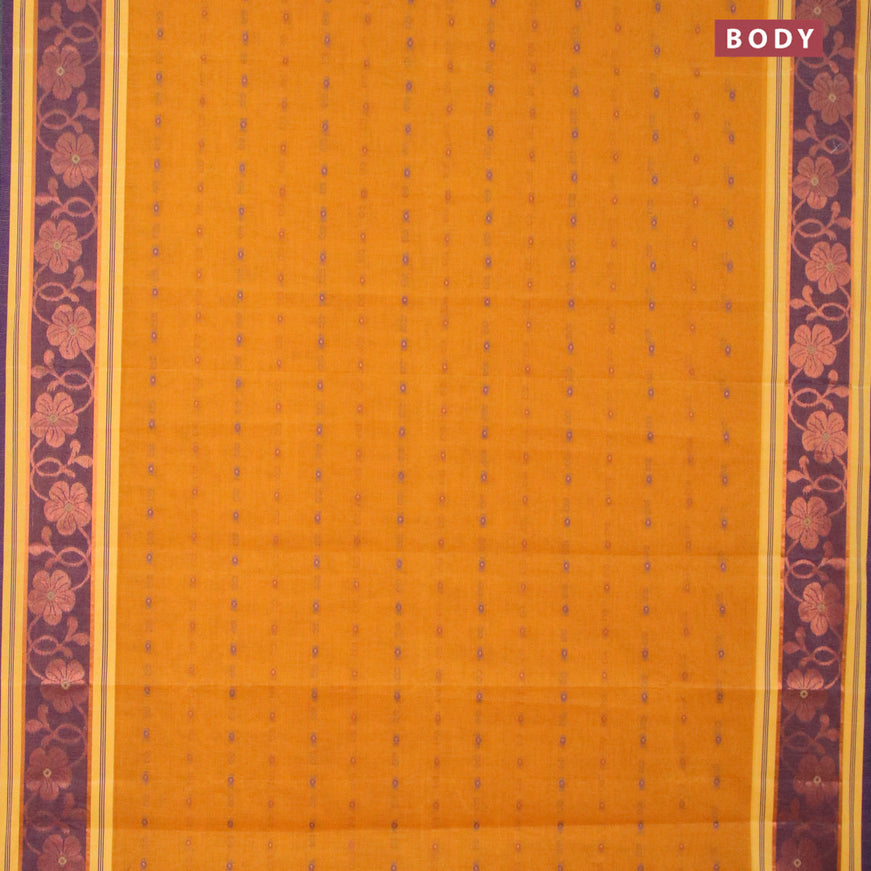 Bengal cotton saree mustard yellow and blue with thread woven buttas and copper zari woven border without blouse
