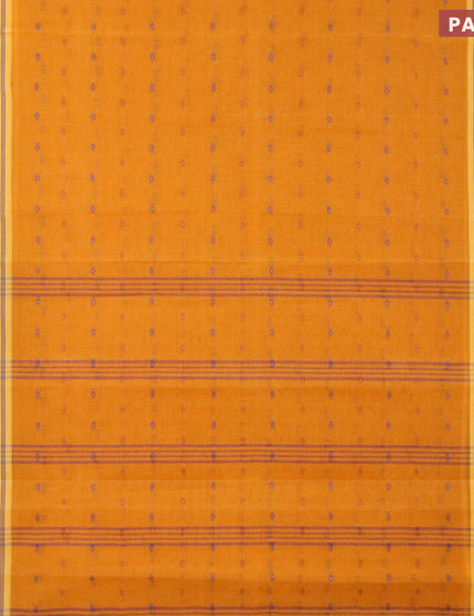 Bengal cotton saree mustard yellow and blue with thread woven buttas and copper zari woven border without blouse