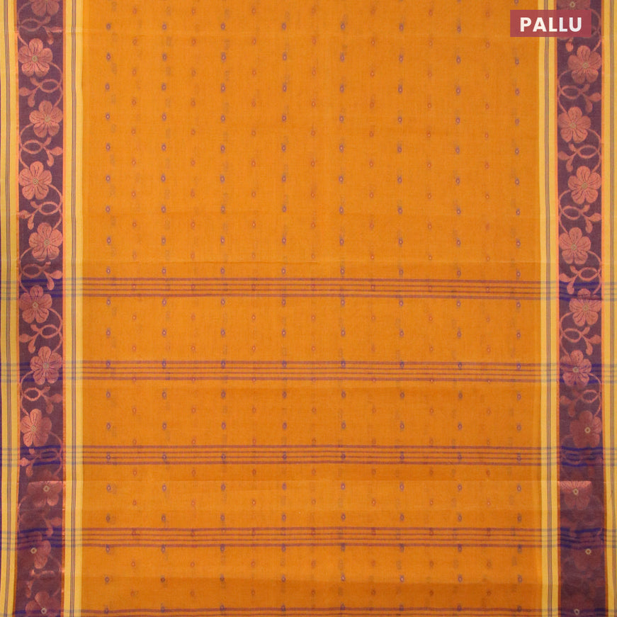 Bengal cotton saree mustard yellow and blue with thread woven buttas and copper zari woven border without blouse