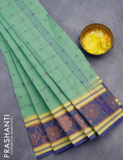 Bengal cotton saree green shade and blue with thread woven buttas and copper zari woven border without blouse