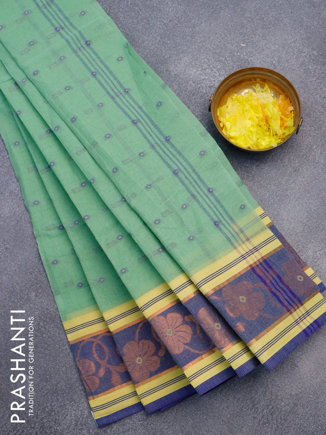 Bengal cotton saree green shade and blue with thread woven buttas and copper zari woven border without blouse