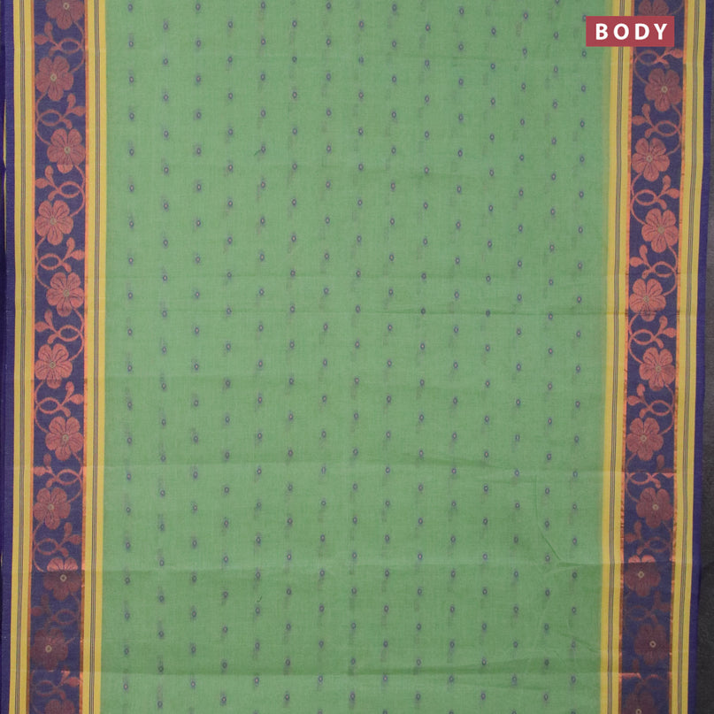 Bengal cotton saree green shade and blue with thread woven buttas and copper zari woven border without blouse