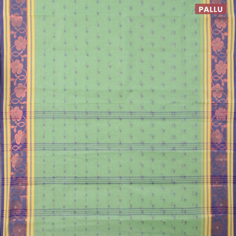 Bengal cotton saree green shade and blue with thread woven buttas and copper zari woven border without blouse