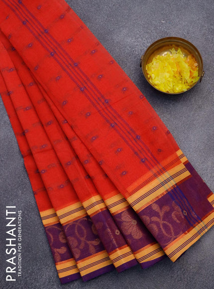 Bengal cotton saree reddish pink and blue with thread woven buttas and copper zari woven border without blouse