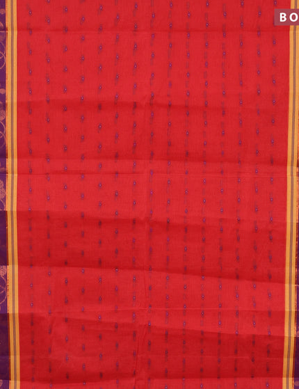 Bengal cotton saree reddish pink and blue with thread woven buttas and copper zari woven border without blouse