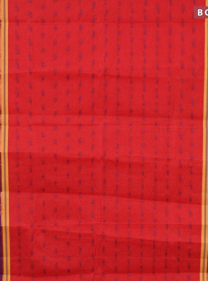 Bengal cotton saree reddish pink and blue with thread woven buttas and copper zari woven border without blouse