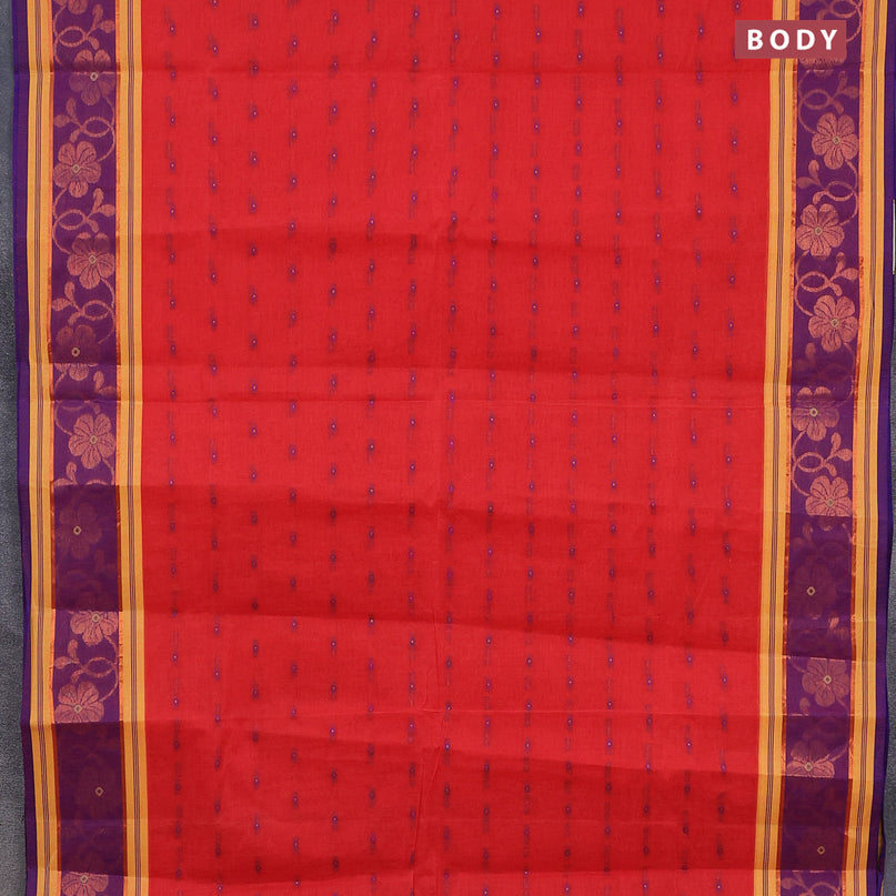 Bengal cotton saree reddish pink and blue with thread woven buttas and copper zari woven border without blouse