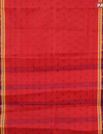 Bengal cotton saree reddish pink and blue with thread woven buttas and copper zari woven border without blouse