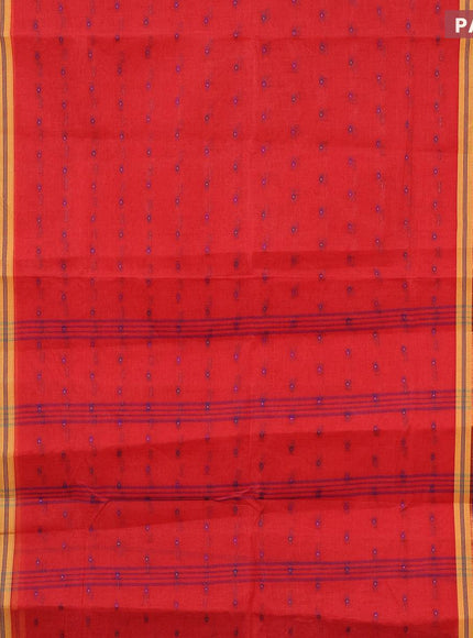 Bengal cotton saree reddish pink and blue with thread woven buttas and copper zari woven border without blouse