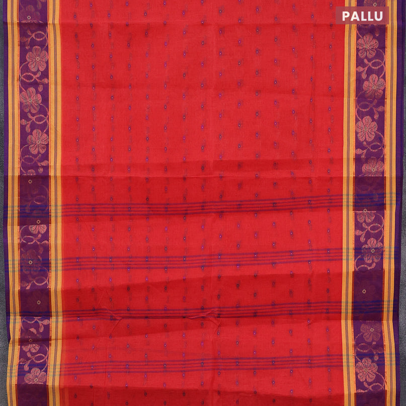 Bengal cotton saree reddish pink and blue with thread woven buttas and copper zari woven border without blouse