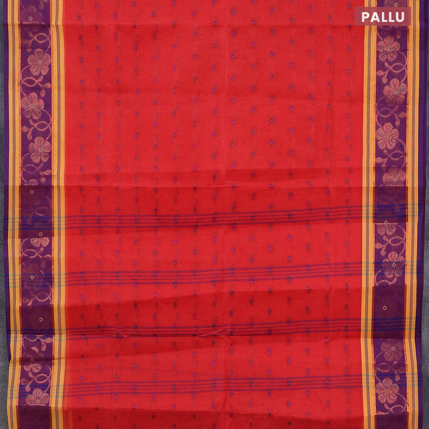 Bengal cotton saree reddish pink and blue with thread woven buttas and copper zari woven border without blouse