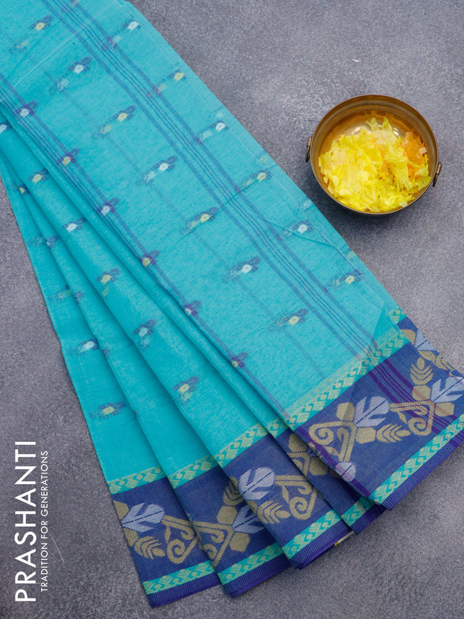 Bengal cotton saree teal blue and blue with thread woven buttas and thread woven border without blouse