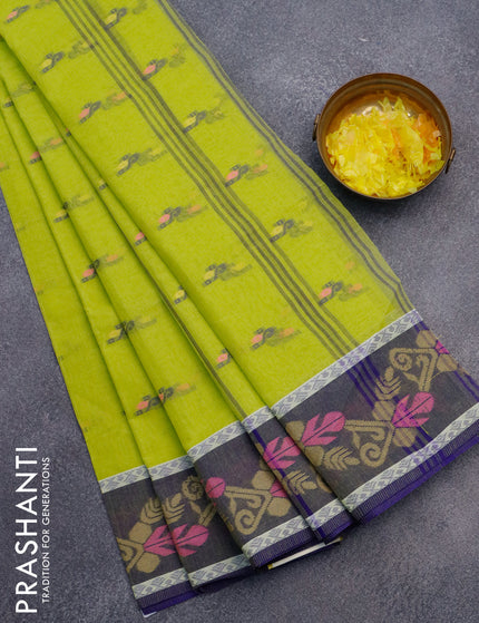 Bengal cotton saree fluorescent gree and blue with thread woven buttas and thread woven border without blouse