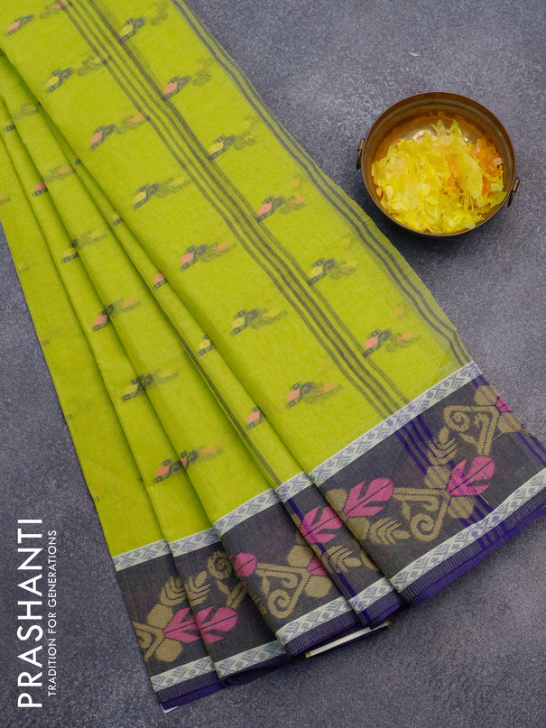 Bengal cotton saree fluorescent gree and blue with thread woven buttas and thread woven border without blouse