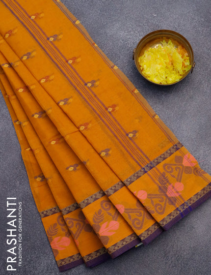 Bengal cotton saree mustard yellow and blue with thread woven buttas and thread woven border without blouse