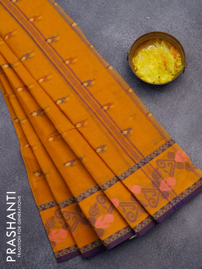 Bengal cotton saree mustard yellow and blue with thread woven buttas and thread woven border without blouse