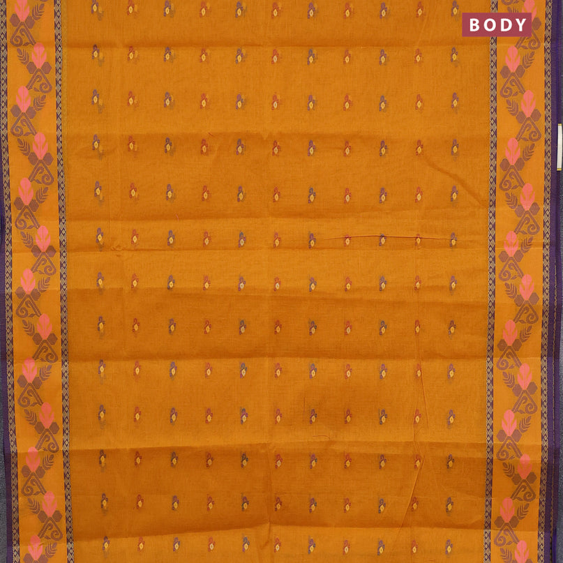 Bengal cotton saree mustard yellow and blue with thread woven buttas and thread woven border without blouse