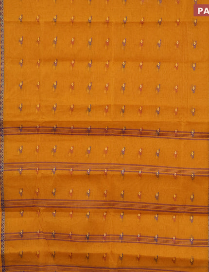 Bengal cotton saree mustard yellow and blue with thread woven buttas and thread woven border without blouse