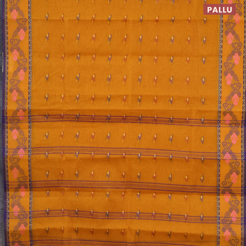 Bengal cotton saree mustard yellow and blue with thread woven buttas and thread woven border without blouse