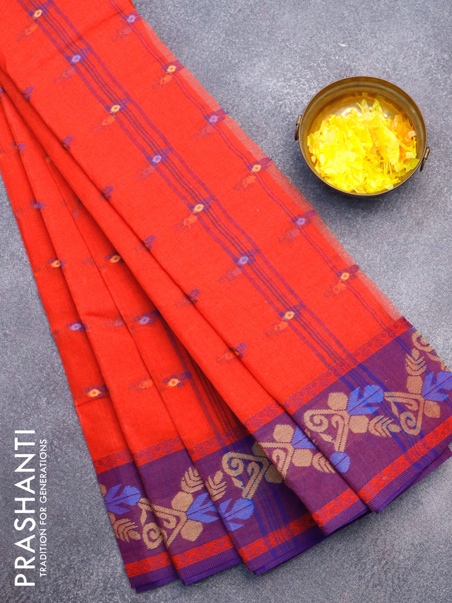 Bengal cotton saree red and blue with thread woven buttas and thread woven border without blouse