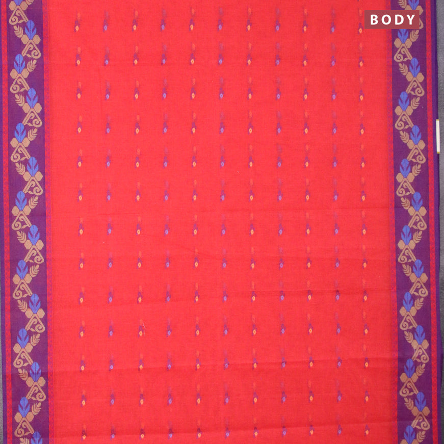 Bengal cotton saree red and blue with thread woven buttas and thread woven border without blouse