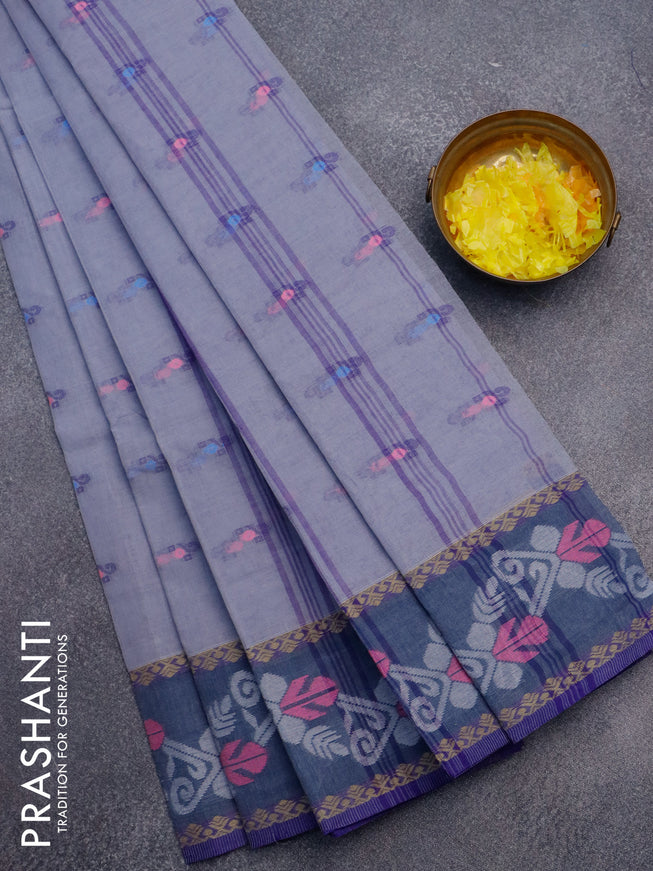 Bengal cotton saree grey and blue with thread woven buttas and thread woven border without blouse