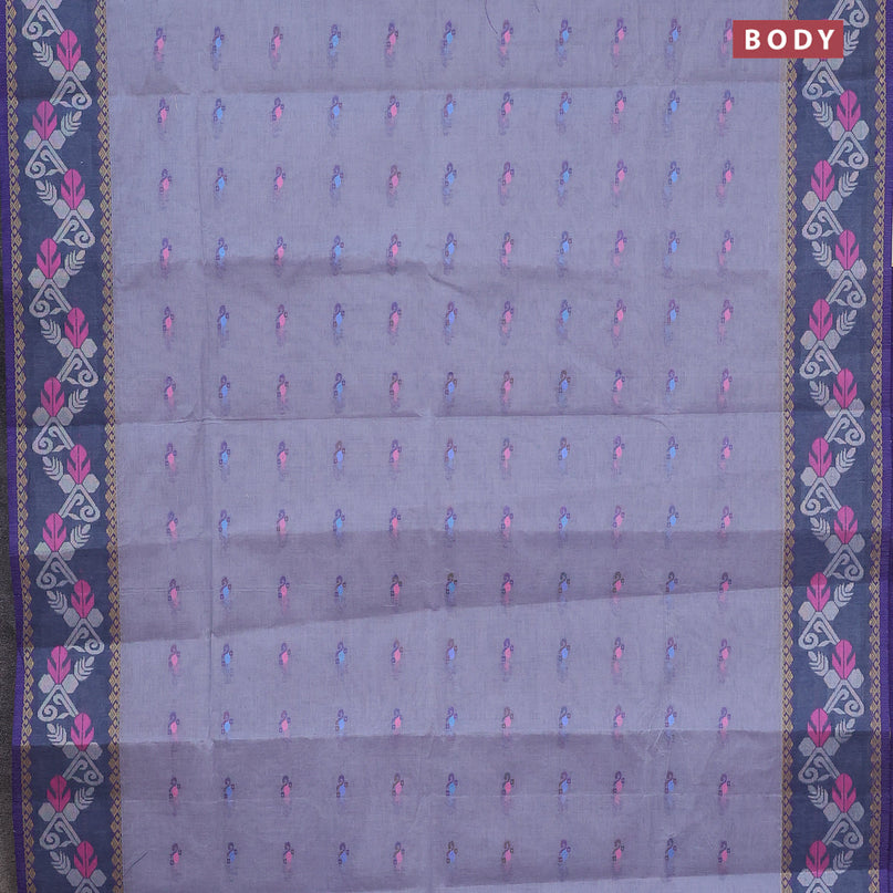 Bengal cotton saree grey and blue with thread woven buttas and thread woven border without blouse