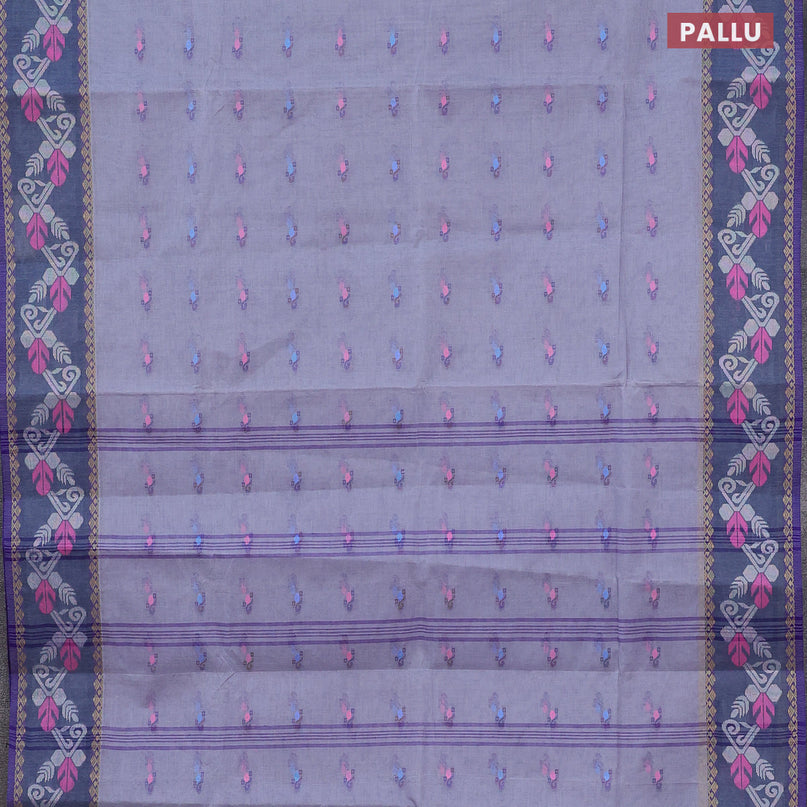 Bengal cotton saree grey and blue with thread woven buttas and thread woven border without blouse