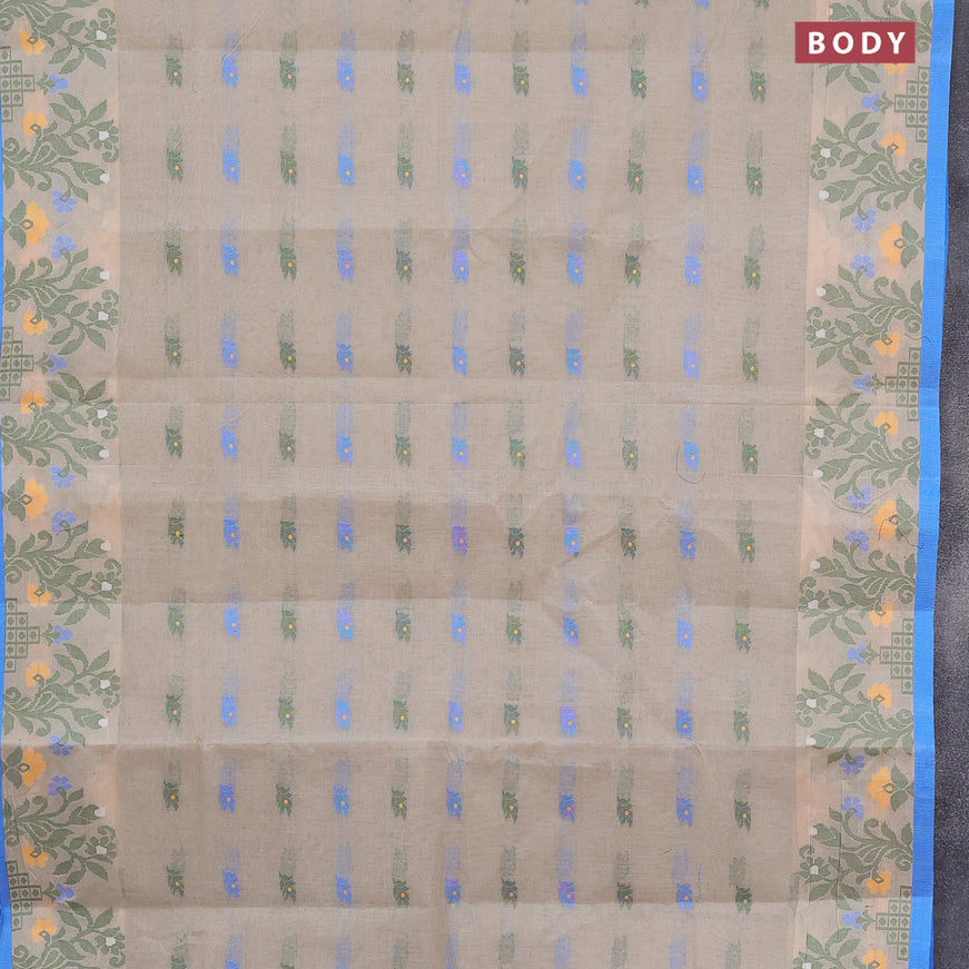 Bengal cotton saree beige and cs blue with thread woven buttas and thread woven border without blouse