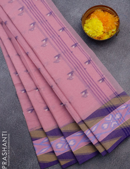 Bengal cotton saree light pink and blue with thread woven buttas and thread woven border without blouse