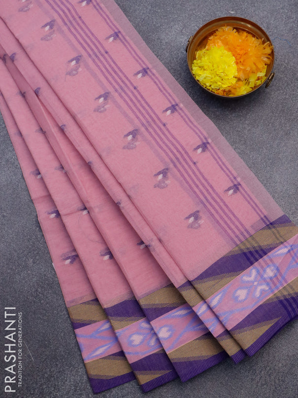 Bengal cotton saree light pink and blue with thread woven buttas and thread woven border without blouse