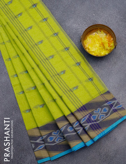 Bengal cotton saree fluorescent green and blue with thread woven buttas and thread woven border without blouse