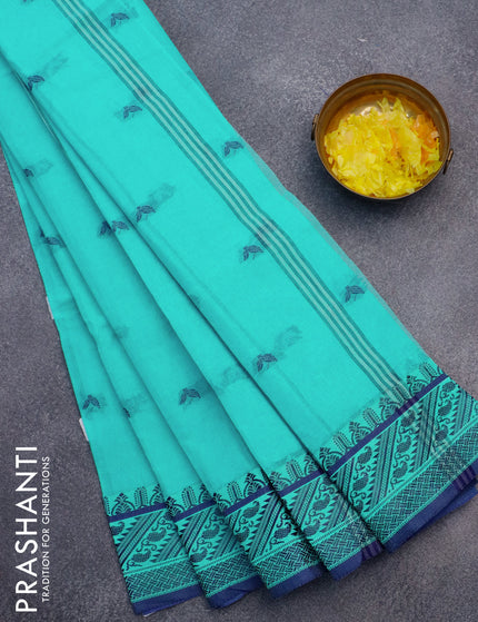 Bengal cotton saree teal blue and blue with thread woven buttas and thread woven border without blouse