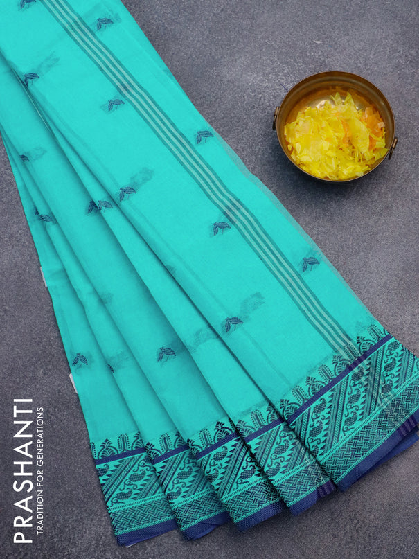 Bengal cotton saree teal blue and blue with thread woven buttas and thread woven border without blouse