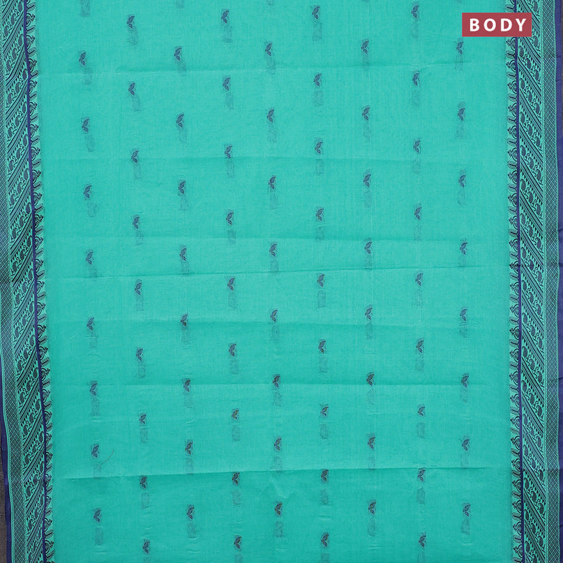 Bengal cotton saree teal blue and blue with thread woven buttas and thread woven border without blouse