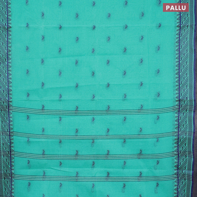 Bengal cotton saree teal blue and blue with thread woven buttas and thread woven border without blouse