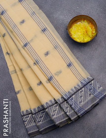 Bengal cotton saree pale yellow and navy blue with thread woven buttas and thread woven border without blouse