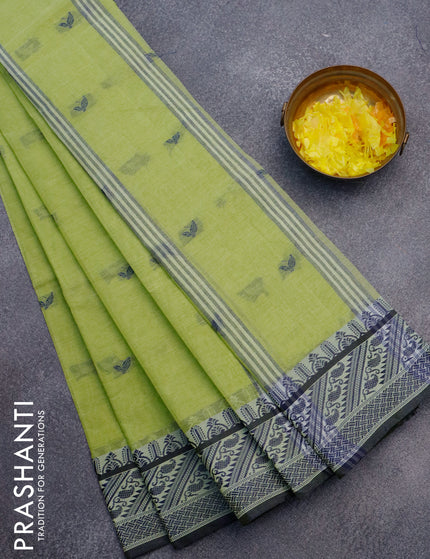 Bengal cotton saree light green and blue with thread woven buttas and thread woven border without blouse