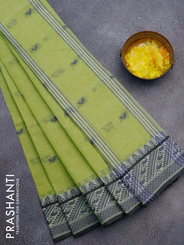 Bengal cotton saree light green and blue with thread woven buttas and thread woven border without blouse