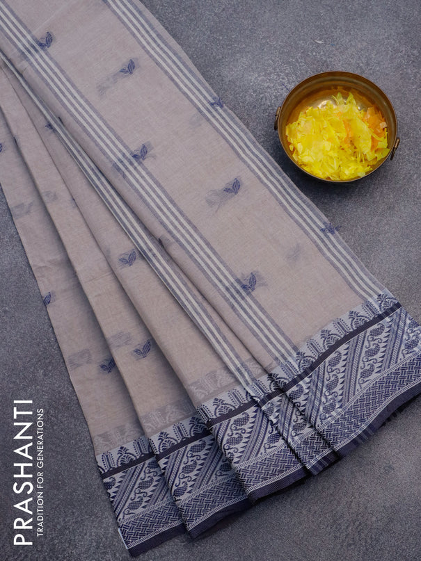 Bengal cotton saree grey and blue with thread woven buttas and thread woven border without blouse