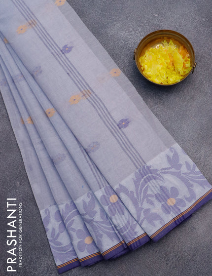 Bengal cotton saree grey and blue with thread woven buttas and thread woven border without blouse