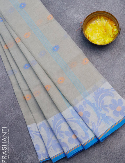 Bengal cotton saree grey and cs blue with thread woven buttas and thread woven border without blouse