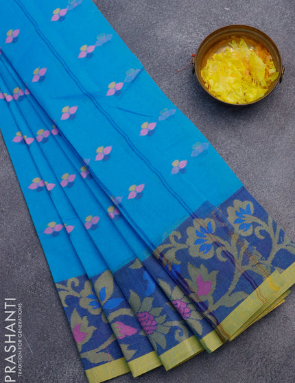 Bengal cotton saree cs blue and blue with thread woven buttas and thread woven border without blouse