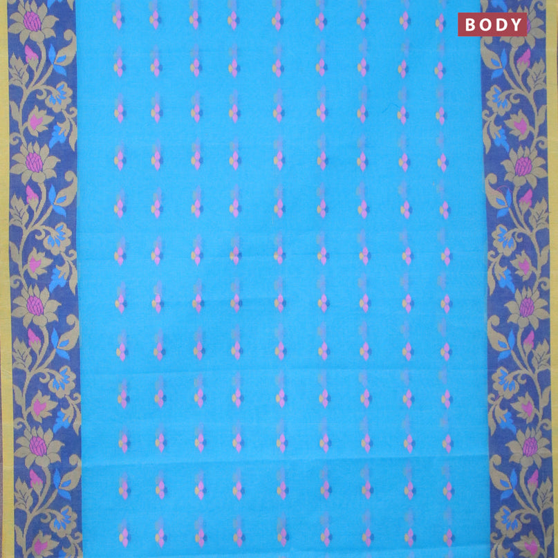 Bengal cotton saree cs blue and blue with thread woven buttas and thread woven border without blouse