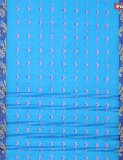 Bengal cotton saree cs blue and blue with thread woven buttas and thread woven border without blouse