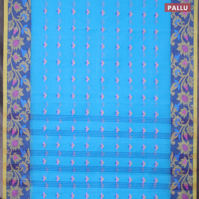 Bengal cotton saree cs blue and blue with thread woven buttas and thread woven border without blouse